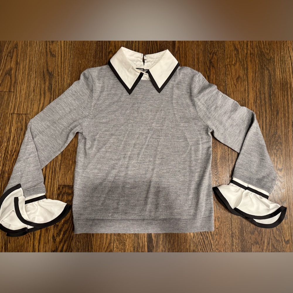Alice + Olivia Porla Gray Wool Sweater Collar Cuff Crewneck Knit Top Size Large - Picture 2 of 8